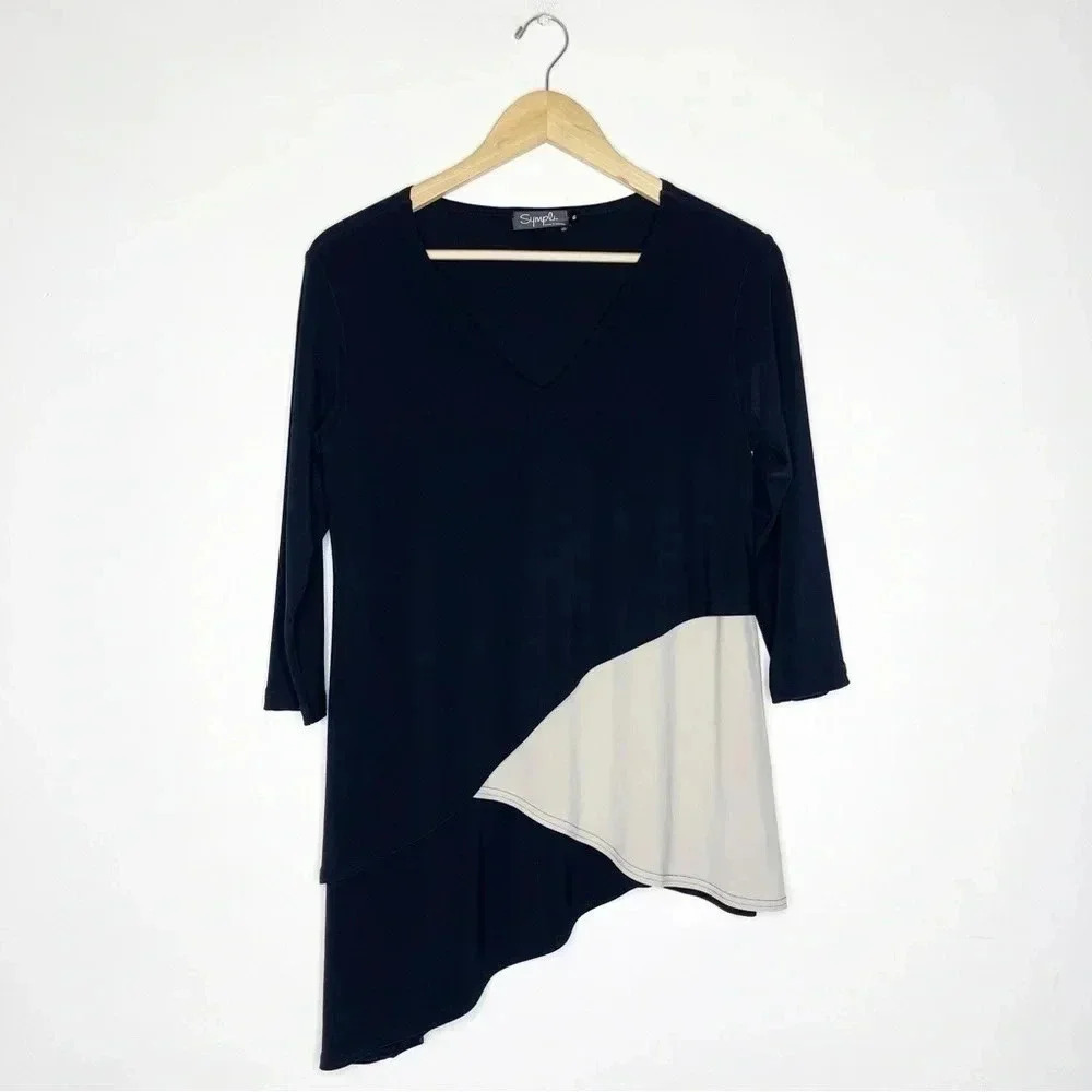 Sympli Asymmetrical Color Block Blouse Matrix Layer 3/4 Sleeve Top Size 8